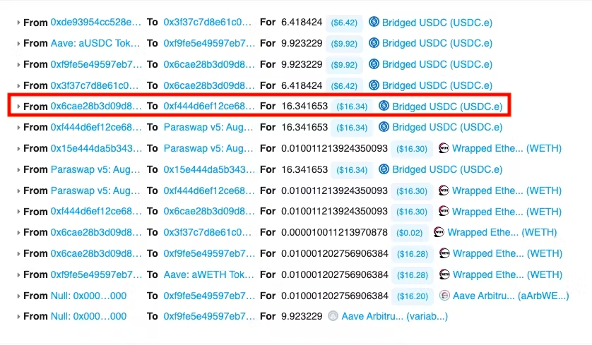 5) Contango transfers the total of $16.34 USDC to the spot executor, which is responsible for invoking the swap part of the trade (see following steps).