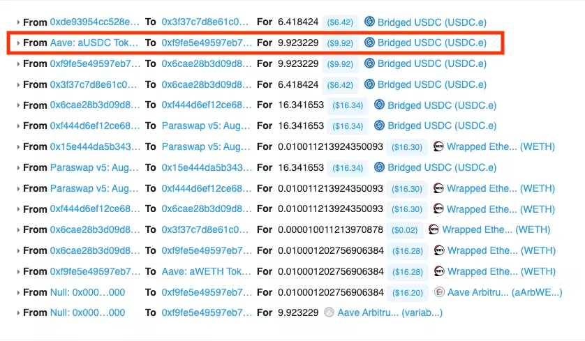 The remaining $9.92 USDC are flash borrowed from Aave to the trader’s position (they’ll be used later and swapped for the full 0.01 ETH).