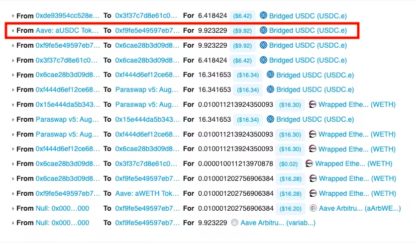 The remaining $9.92 USDC are flash borrowed from Aave to the trader’s position (they’ll be used later and swapped for the full 0.01 ETH).