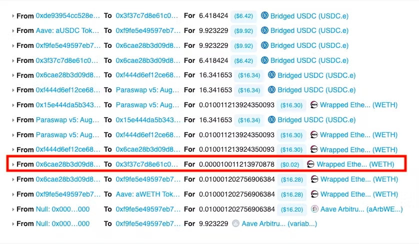 11) Trading fees in the base currency, WETH, are transferred to the Contango treasury account ($0.016, rounded up in the explorer to $0.02).