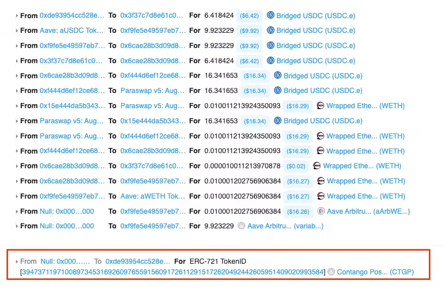 16) Separately, an NFT representing the trader’s position is minted from the Contango account into the trader’s address.